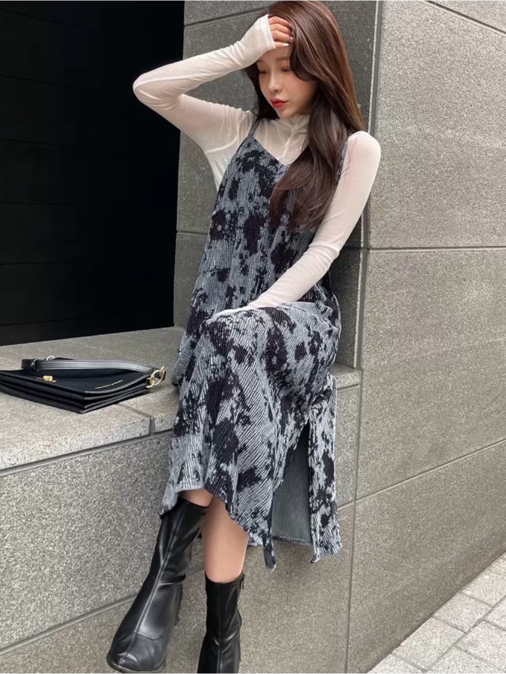 Dash Tie Dye  Black & Gray Slip Ribbed Velvet Midi Dress